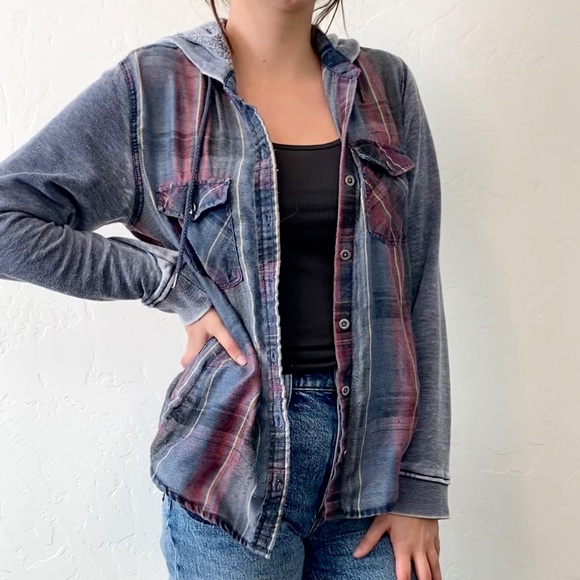 La Hearts Tops - LA HEARTS | Blue and Red Hoodie Flannel